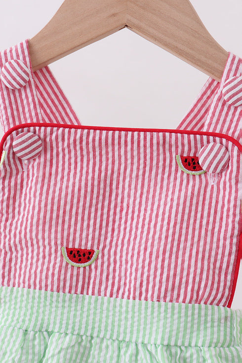 Red stripe watermelon embroidery seersucker bubble