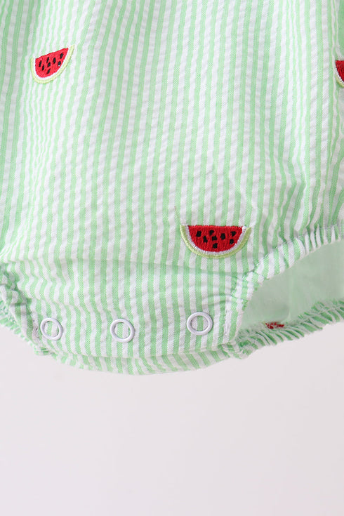 Red stripe watermelon embroidery seersucker bubble