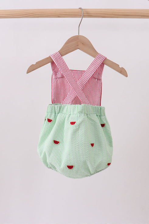 Red stripe watermelon embroidery seersucker bubble