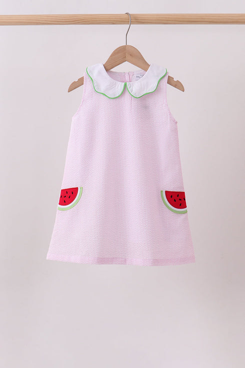 Pink stripe watermelon embroidery seersucker dress