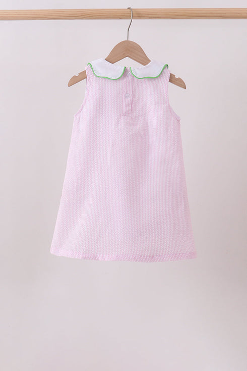 Pink stripe watermelon embroidery seersucker dress