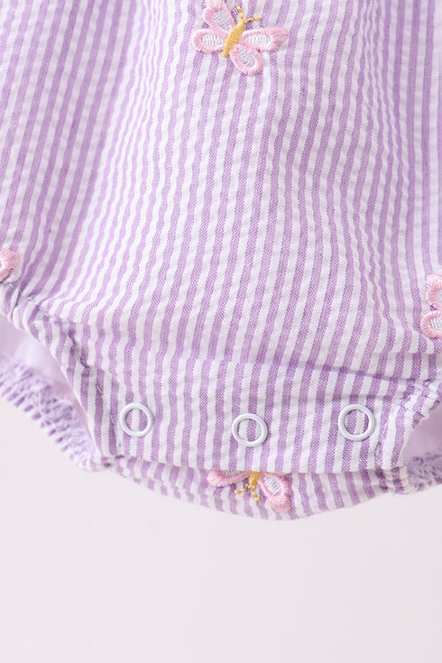Purple seersucker butterfly embroidery ruffle bubble