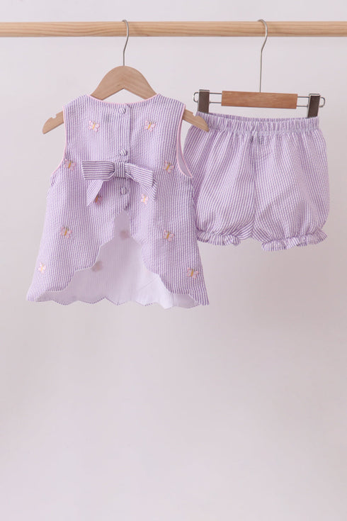 Purple seersucker butterfly embroidery shorts set
