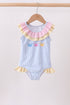 Colorblock crab embroidery ruffle swimsuit
