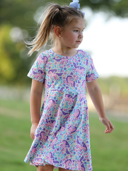 unicorn-floral-print-girls-short-sleeve-twirl-dress-sophias-style-4