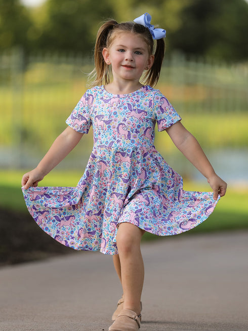 unicorn-floral-print-girls-short-sleeve-twirl-dress-sophias-style-2