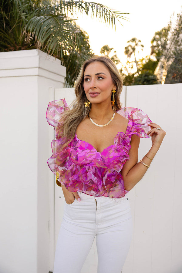 madeline-ruffle-sleeve-bustier-top-off-to-paradise Buddy Love - Sophia's Style-Madeline Ruffle Sleeve Bustier Top - Off To Paradise-Off To Paradise-XS-1
