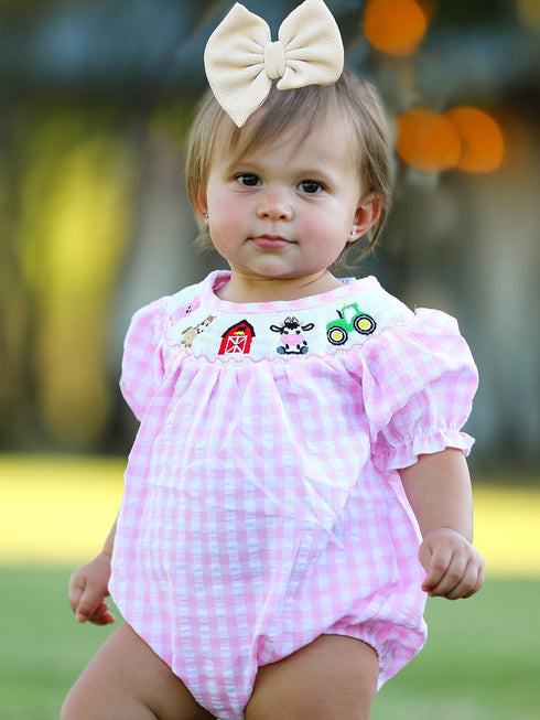 farm-pink-smocking-embroidered-girls-romper Rylee Faith Designs - Sophia's Style-3