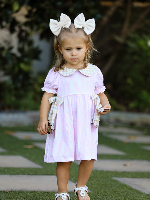 farm-horse-bow-girls-dress-pink-stripes-Sophia's Style-Dress-1