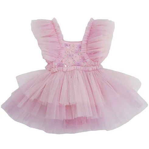 McKenzie Baby Girl Tulle Onesie Dress – Pink Ruffle Tutu with Sparkle Accents 0-24M