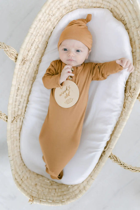 knotted-baby-gown-hat-set-camel-brown-newborn-3-months-Sophia's StyleNewborn Knotted Baby Gown Sets-1