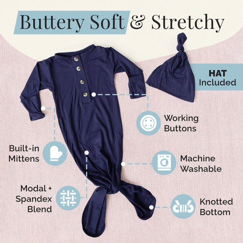 newborn-knotted-gown-and-hat-set-navy-blue-newborn-clothes-for-boys-Sophia's Style-6