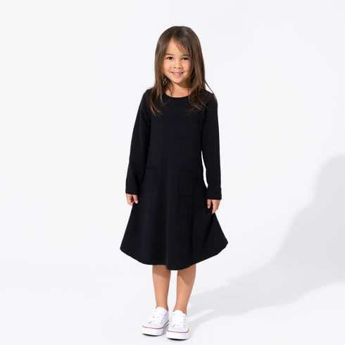 obsidian-black-bamboo-terry-daywear-girls-long-sleeve-dress-bellabu-bear - Sophia's Style Dress-1