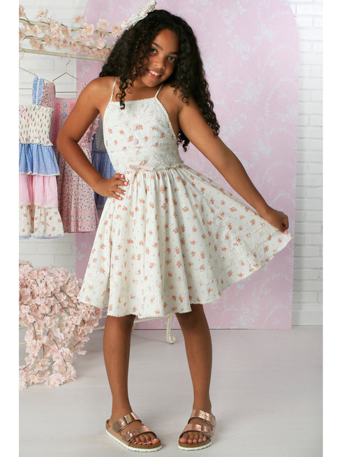 Girls White Floral Flared Knee-Length Poppy Dress 12M-14 - SophiasStyle.com