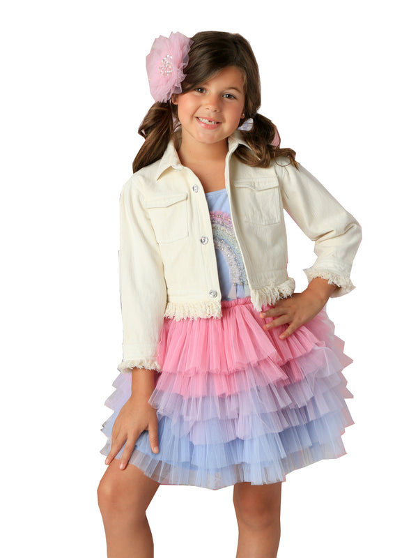 Girls White Denim Fringe Jacket 12M-14 - SophiasStyle.com
