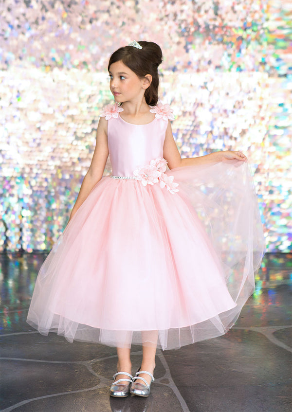 Big Girls Blush Beaded Flower Appliques Tulle Junior Bridesmaid Dress 8-16 - SophiasStyle.com