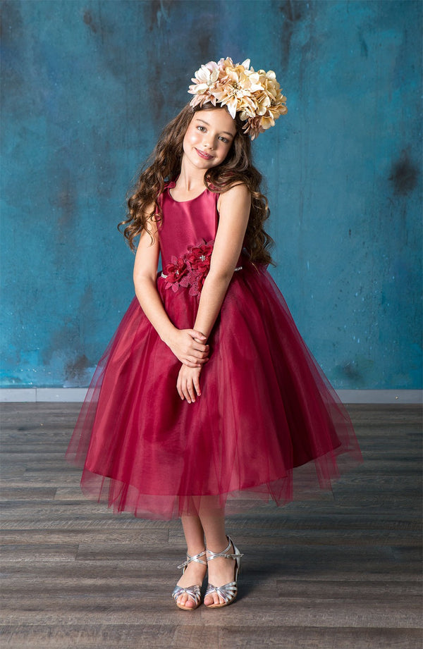 Little Girls Burgundy Beaded Flower Appliques Tulle Flower Girl Dress 2-6 - SophiasStyle.com