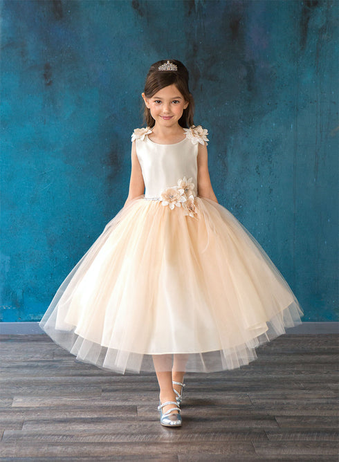 Big Girls Champagne Beaded Flower Appliques Tulle Junior Bridesmaid Dress 8-16 - SophiasStyle.com