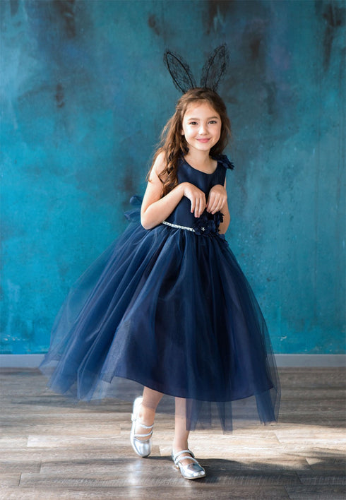 Big Girls Navy Beaded Flower Appliques Tulle Junior Bridesmaid Dress 8-16 - SophiasStyle.com