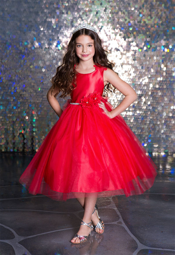 Big Girls Red Beaded Flower Appliques Tulle Junior Bridesmaid Dress 8-16 - SophiasStyle.com