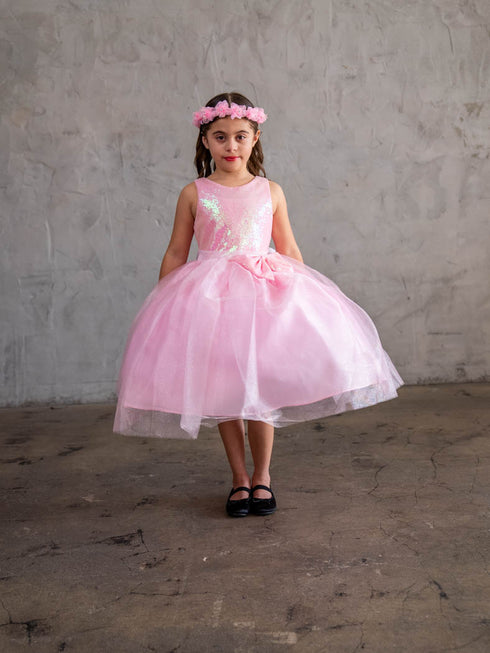 Girls A-Line Sequin Top Bow Waist V Back Tulle Flower Girl Dress 2-16