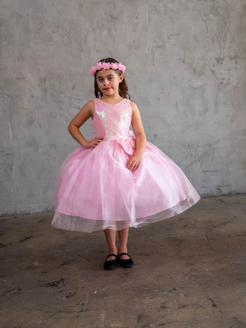 Girls A-Line Sequin Top Bow Waist V Back Tulle Flower Girl Dress 2-16