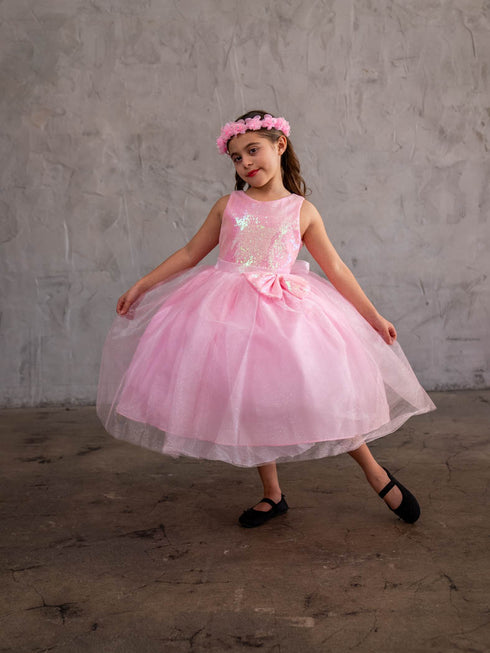 Girls A-Line Sequin Top Bow Waist V Back Tulle Flower Girl Dress 2-16