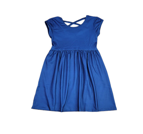 royal-blue-solid-short-sleeve-cross-back-milk-silk-dress Great Lakes kids - Sophia's Style-2