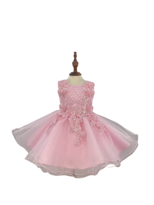 Pink Baby Girls Butterfly Pearl Sequin Tulle Flower Girl Dress, Sizes 3-18M