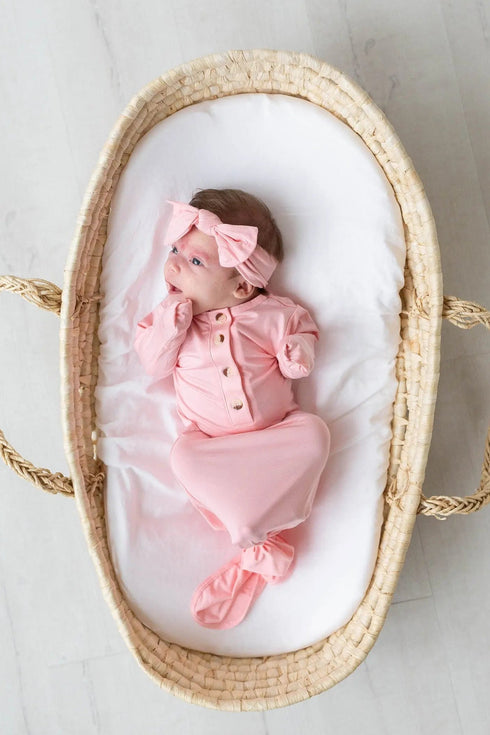 newborn-knotted-baby-gown-and-hat-set-with-headband-pink-Sophia's Style-2