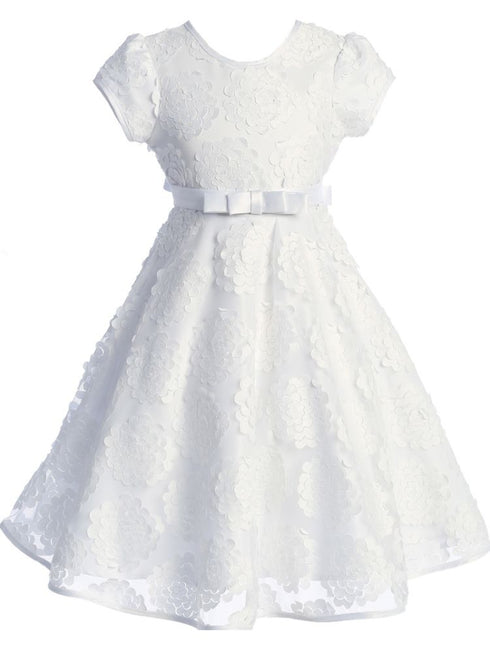 Just kids Girls Communion Dress with Floral Applique, Double Bow Waist Sash, and Satin Trim, Sizes 4-18 - SophiasStyle.com
