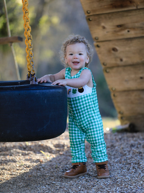 st-patricks-day-shamrock-smocking-embroidered-green-plaid-boys-romper Rylee-Faith-Designs-Sophia's Style-2