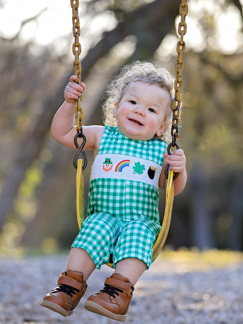 st-patricks-day-shamrock-smocking-embroidered-green-plaid-boys-romper Rylee-Faith-Designs-Sophia's StyleRomper-1