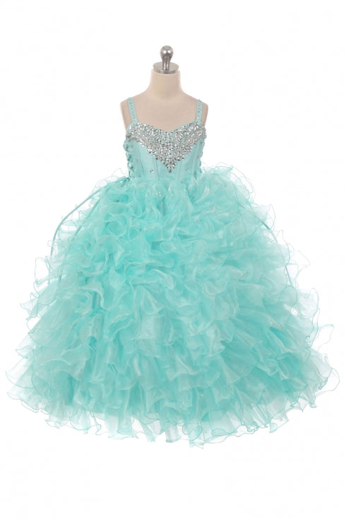 Girls Aqua Heart Shape Beaded Organza Jacket Pageant Dress, Sizes 2-12