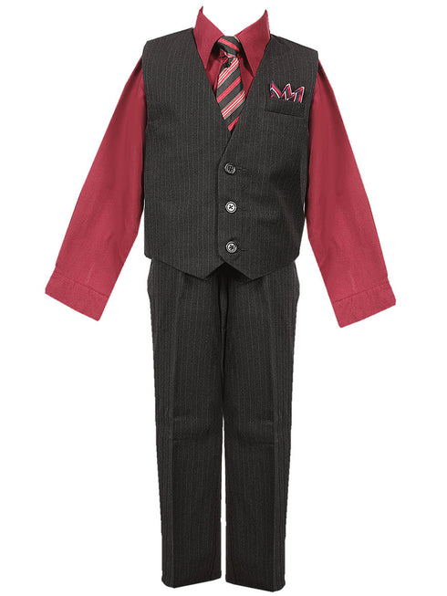 Boys Burgundy Shirt Necktie Striped Pants Vest Christmas Suit 2-20 SophiasStyle.com