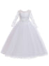 Rainkids Big Girls White Lace Tulle Long Sleeve Sash Communion Dress 7-16 - SophiasStyle.com