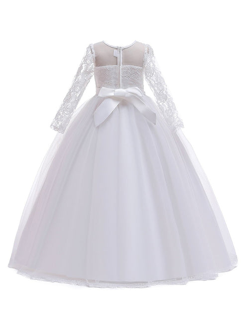 Rainkids Big Girls White Lace Tulle Long Sleeve Sash Communion Dress 7-16 - SophiasStyle.com