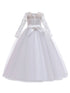 Rainkids Big Girls White Lace Tulle Long Sleeve Sash Communion Dress 7-16 - SophiasStyle.com