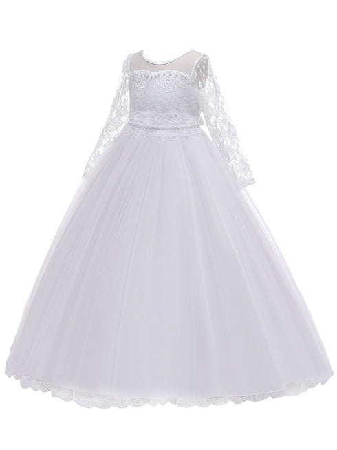 Rainkids Big Girls White Lace Tulle Long Sleeve Sash Communion Dress 7-16 - SophiasStyle.com