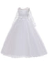 Rainkids Big Girls White Lace Tulle Long Sleeve Sash Communion Dress 7-16 - SophiasStyle.com