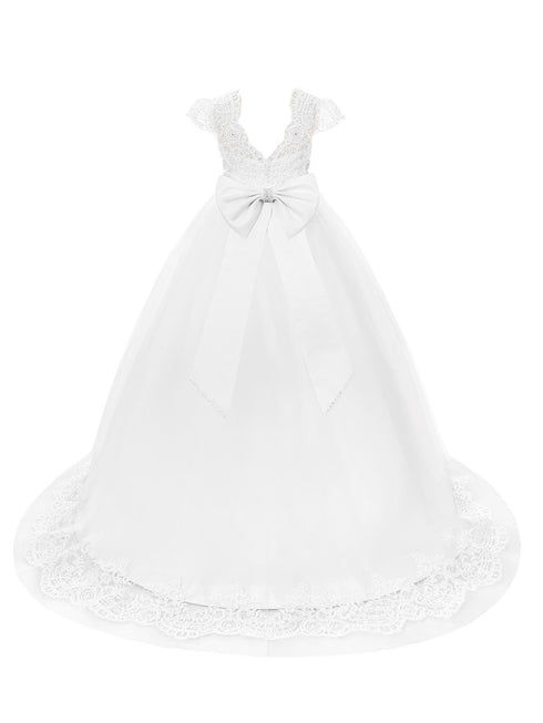 Rainkids Big Girls White Cap Sleeve Rhinestones Trim Bow Communion Dress 7-20 - SophiasStyle.com