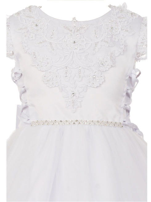 Rainkids Big Girls White Cap Sleeve Rhinestones Trim Bow Communion Dress 7-20 - SophiasStyle.com