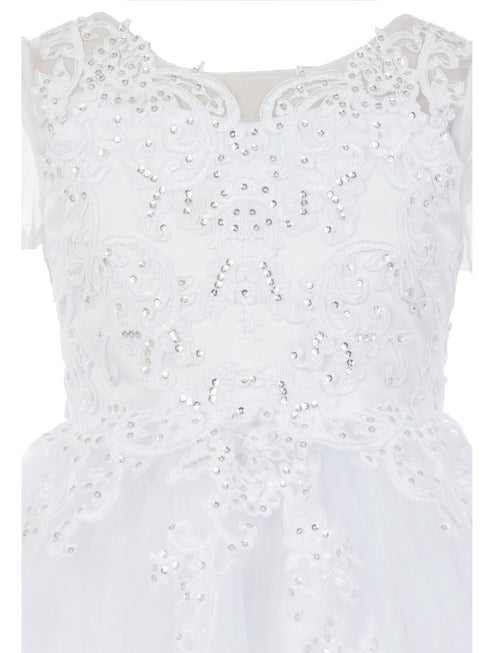 Rainkids Girls White Long Sleeve Lace Sequins Plus Size Communion Dress 7.5-16.5 - SophiasStyle.com
