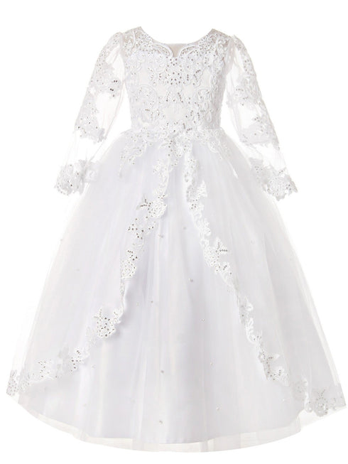Rainkids Girls White Long Sleeve Lace Sequins Plus Size Communion Dress 7.5-16.5 - SophiasStyle.com
