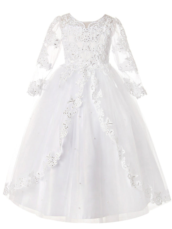 Rainkids Girls White Long Sleeve Lace Sequins Plus Size Communion Dress 7.5-16.5 - SophiasStyle.com