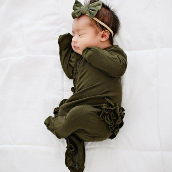 ruffle-2-way-zip-romper-olive-green Presley Couture at Sophia's Style-Baby Zip Romper-1