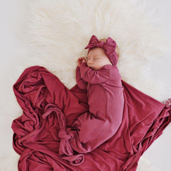 knotted-baby-gown-ribbed-mauve Presley Couture at Sophia's Style-Baby Gowns-1