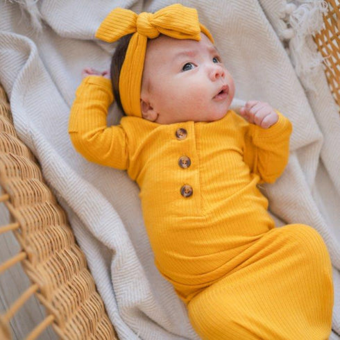 knotted-baby-gown-ribbed-mustard Presley Couture at Sophia's Style-Baby Gowns-1