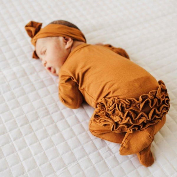 ruffle-2-way-zip-romper-cognac Presley Couture at Sophia's Style-Baby Zip Romper-1