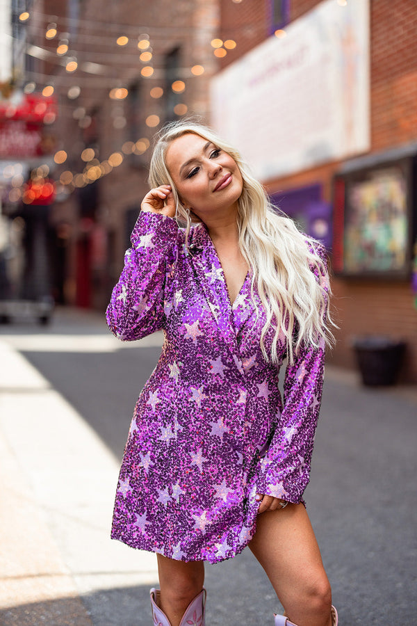 riley-sequin-blazer-dress-hypnotic-stars Buddy Love - Sophia's Style-Riley Sequin Blazer Dress - Hypnotic Stars-Purple-XS-1
